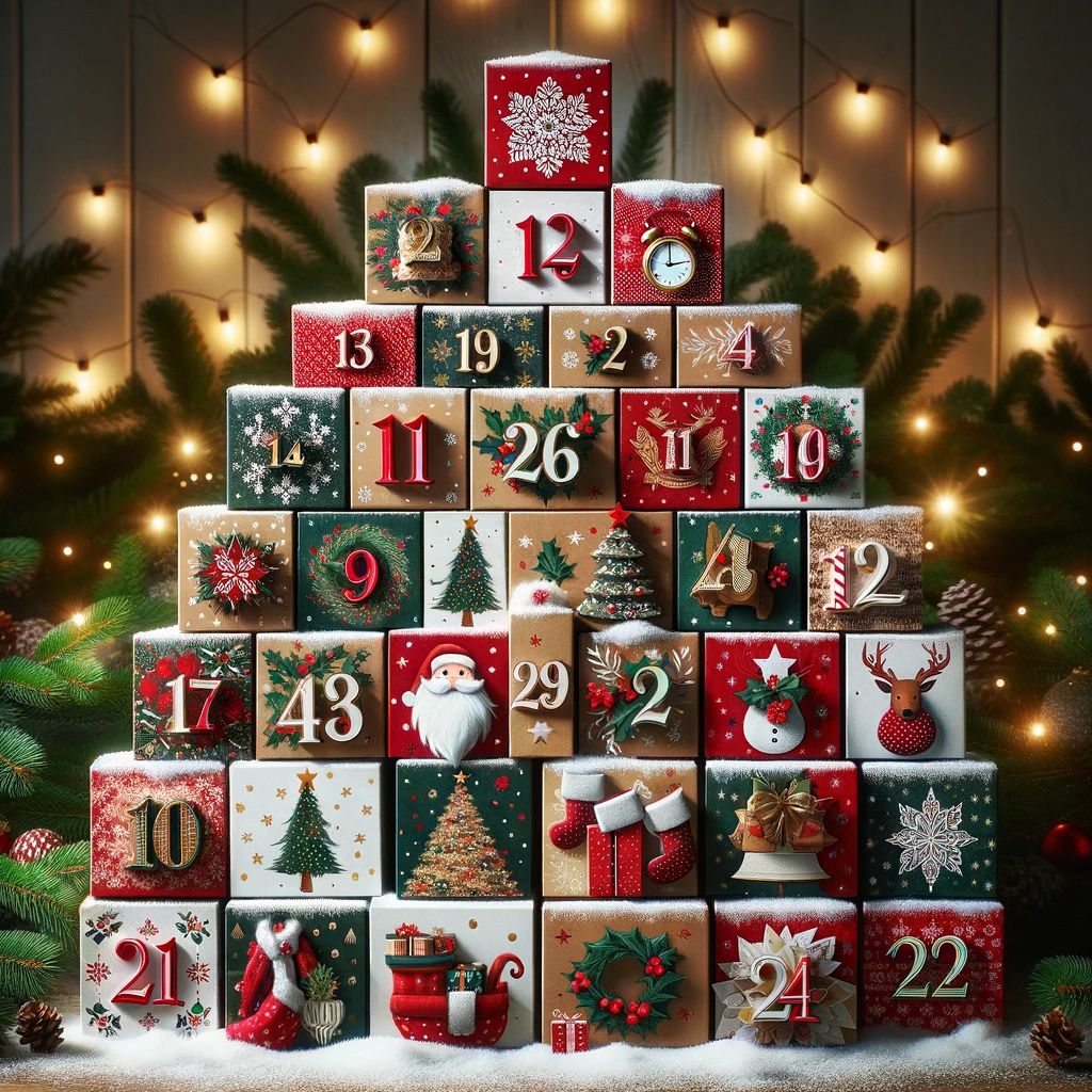 DALL%C2%B7E 2023 11 07 20.51.10 A creative Advent calendar displayed as a collection of 24 small cardboard boxes each decorated with a festive design such as snowflakes Christmas