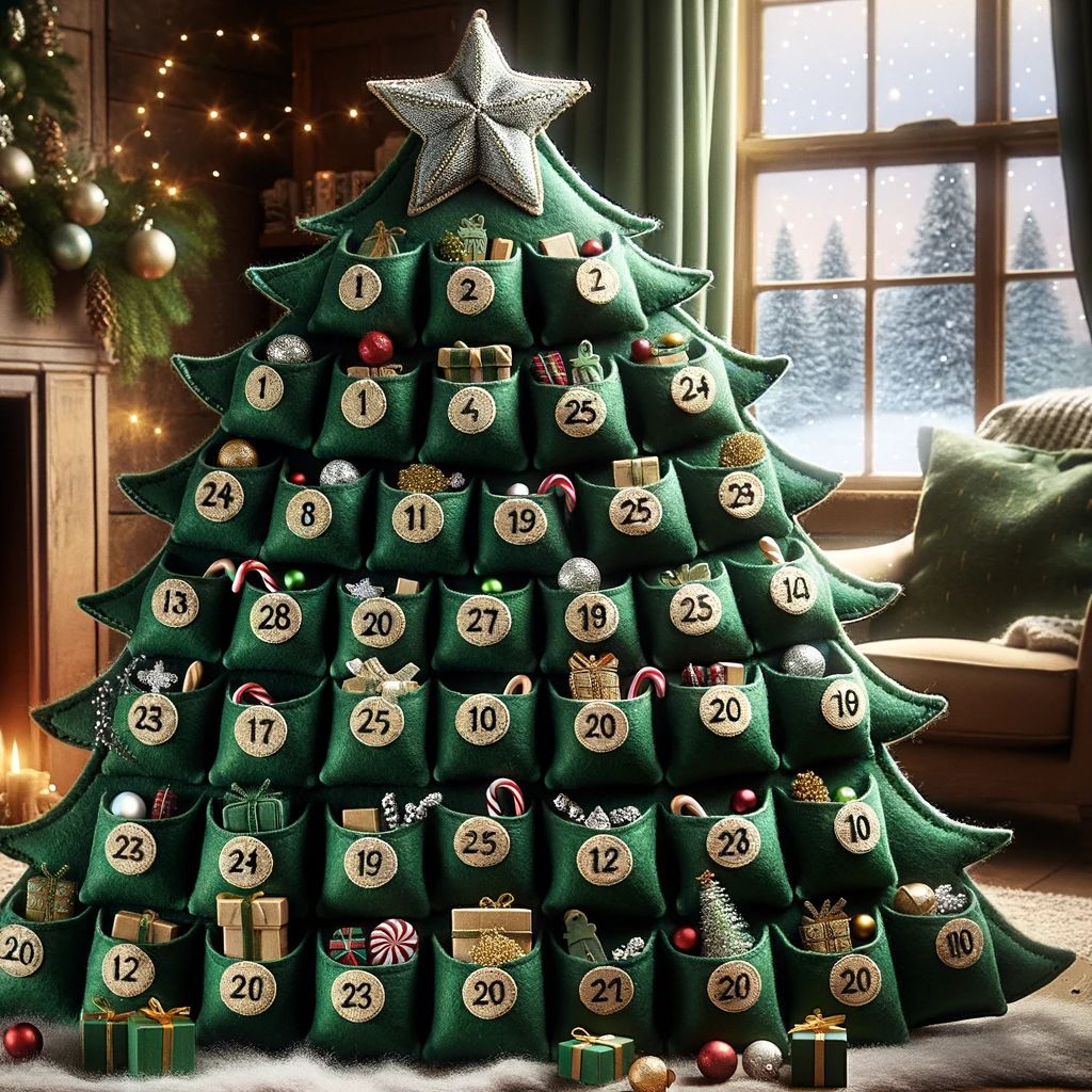 DALL%C2%B7E 2023 11 07 20.52.07 An Advent calendar designed to resemble a Christmas tree with 24 pockets shaped like tree branches each holding a small surprise. The tree is made o