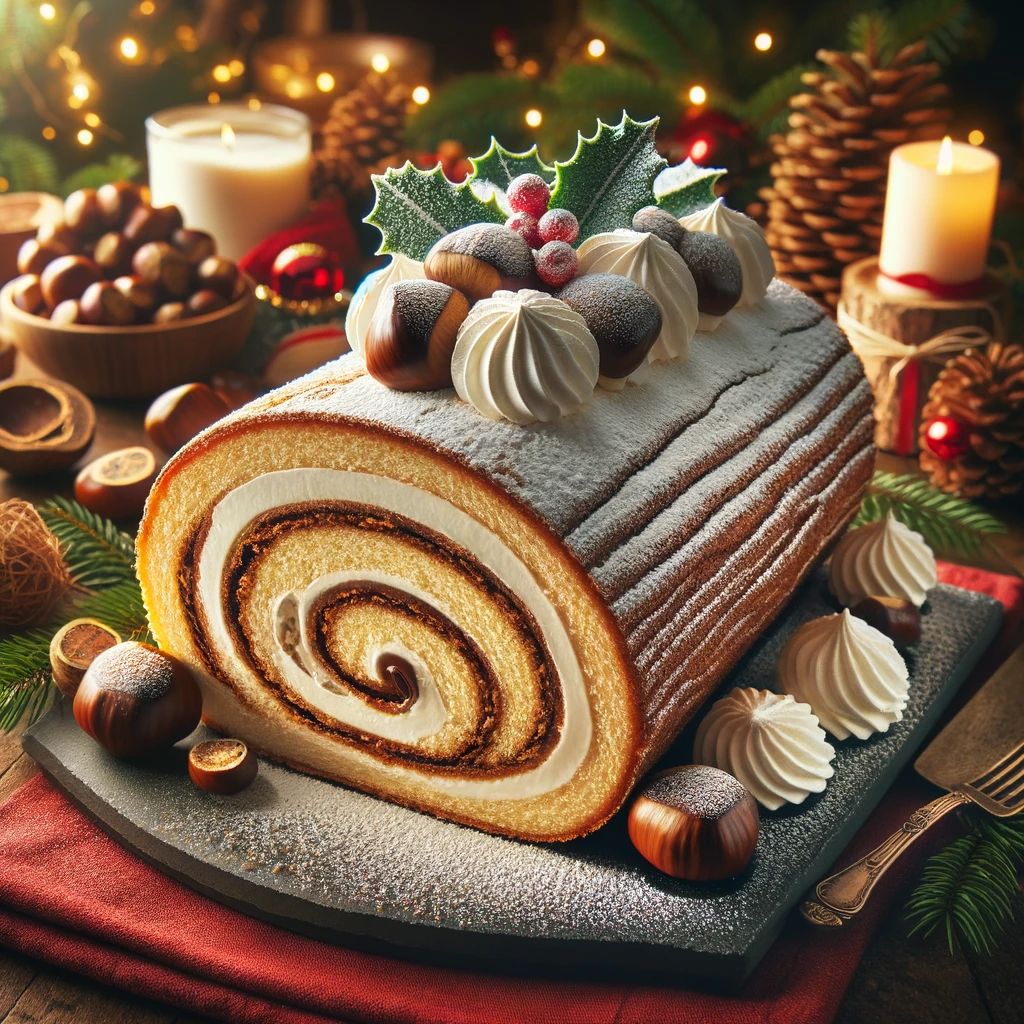 DALL%C2%B7E 2023 11 07 21.20.16 A delicious chestnut yule log dessert tronchetto alle castagne on a festive table setting. The log is made from a rolled sponge cake filled with a