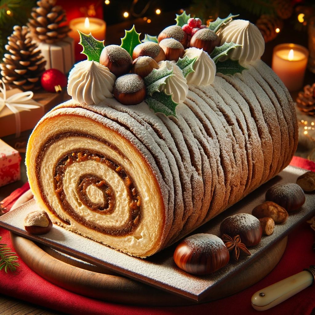 DALL%C2%B7E 2023 11 07 21.20.31 A delicious chestnut yule log dessert tronchetto alle castagne on a festive table setting. The log is made from a rolled sponge cake filled with a