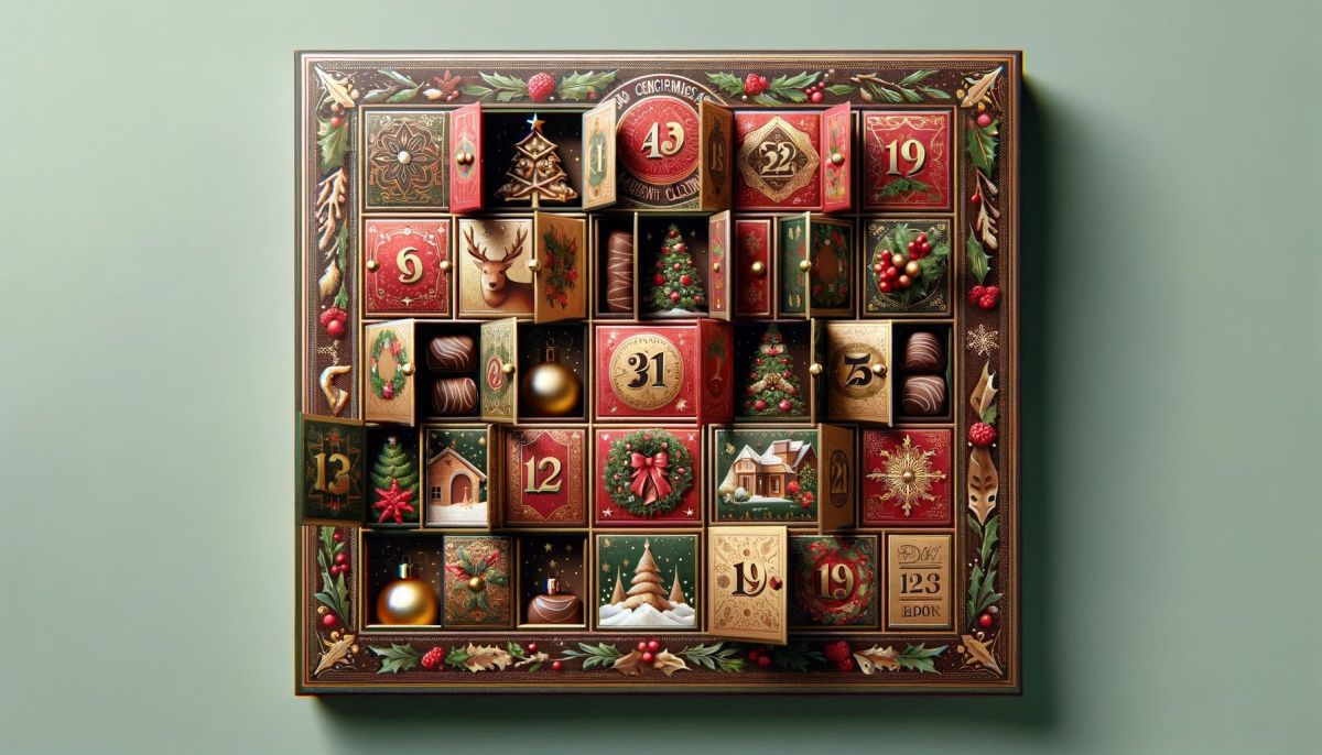 DALL%C2%B7E 2023 11 08 08.58.49 Design a distinctive advent calendar that includes small doors or drawers for chocolates. The calendar should be visually appealing and festive with