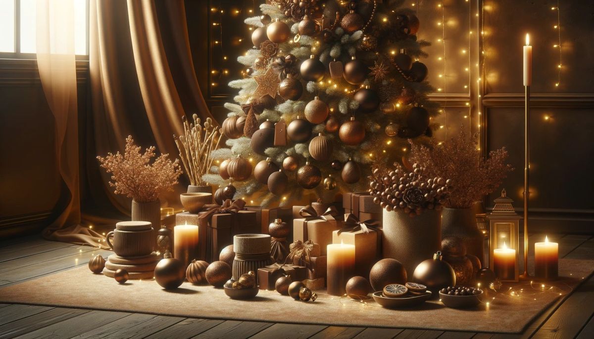 DALL%C2%B7E 2023 11 08 11.33.10 An elegant Christmas setting featuring a brown color scheme for 2023. The scene includes a beautifully decorated Christmas tree with brown ornaments