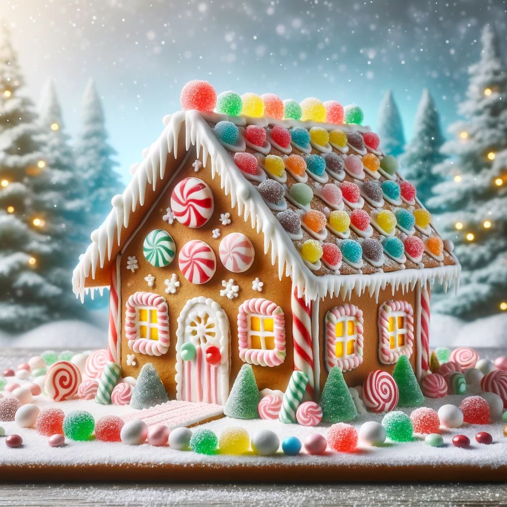 DALL%C2%B7E 2023 11 08 16.58.09 A gingerbread house decorated with a variety of colorful candies and icing set against a winter wonderland backdrop. The house features a peppermint