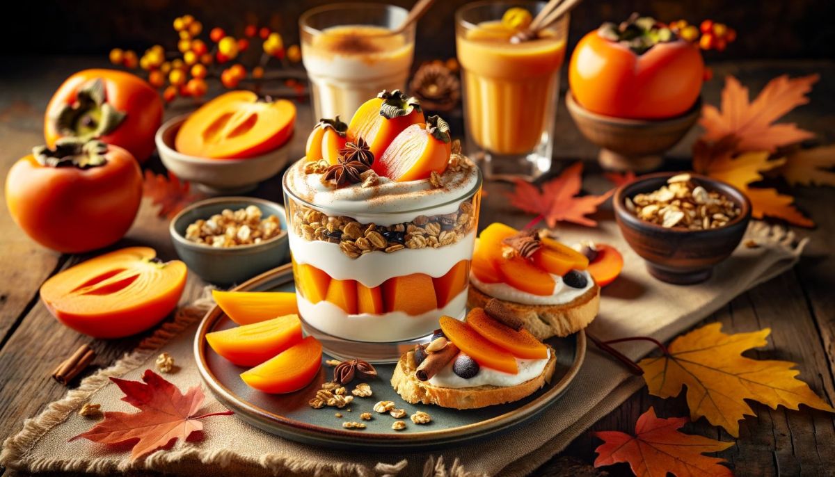DALL%C2%B7E 2023 11 08 17.08.34 A cozy autumn themed snack spread featuring a persimmon parfait with layers of Greek yogurt sliced persimmons granola a drizzle of honey and a spr