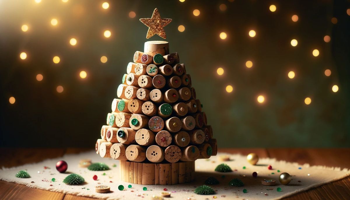 DALL%C2%B7E 2023 11 08 19.05.15 A warm and festive holiday scene featuring a handmade Christmas tree made from cork stoppers. The tree is creatively assembled with layers of corks fo