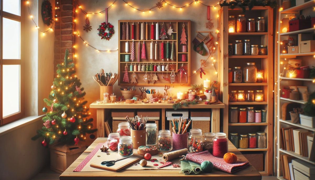 DALL%C2%B7E 2023 11 09 12.43.13 A cozy and festive Christmas themed craft room. The room is filled with natural light and decorated with twinkling string lights. A large wooden workt