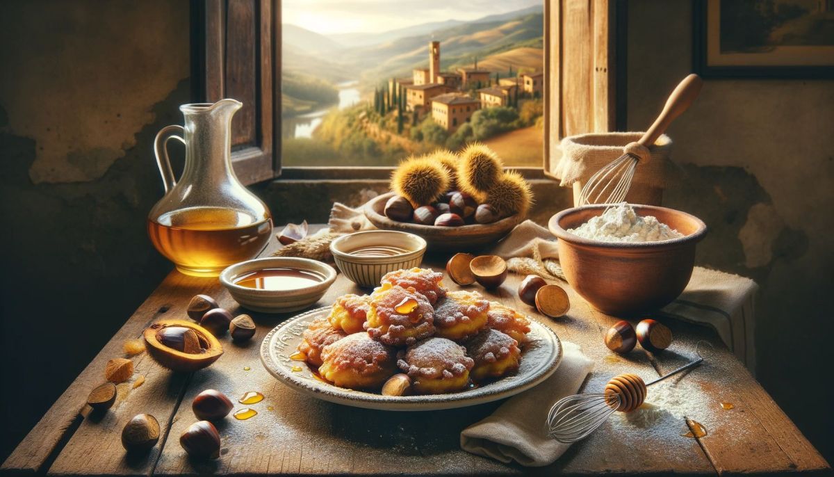 DALL%C2%B7E 2023 11 09 17.34.31 A traditional Italian kitchen scene featuring a wooden table with a plate of freshly made frittelle di castagne also known as Italian chestnut fritte