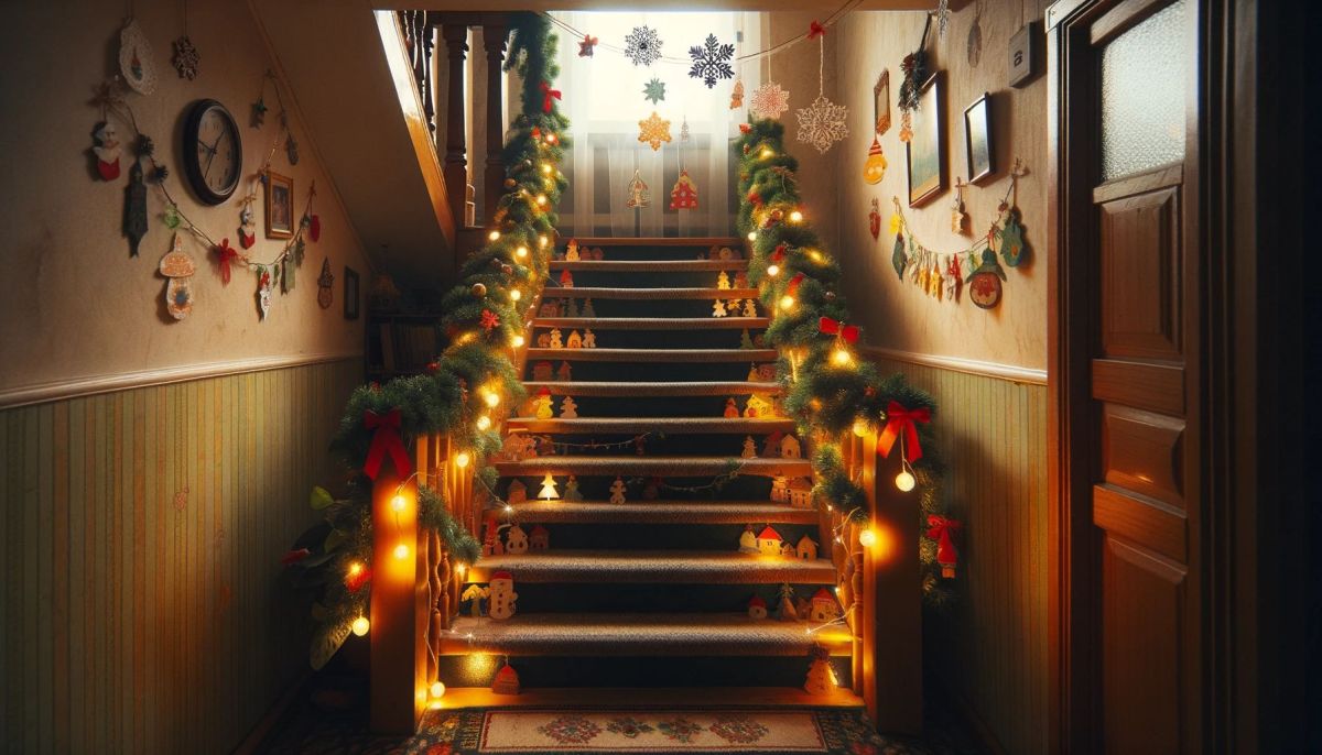 DALL%C2%B7E 2023 11 10 12.17.41 A cozy and simple indoor staircase decorated for Christmas in a modest family home. The staircase is adorned with modest but festive decorations incl