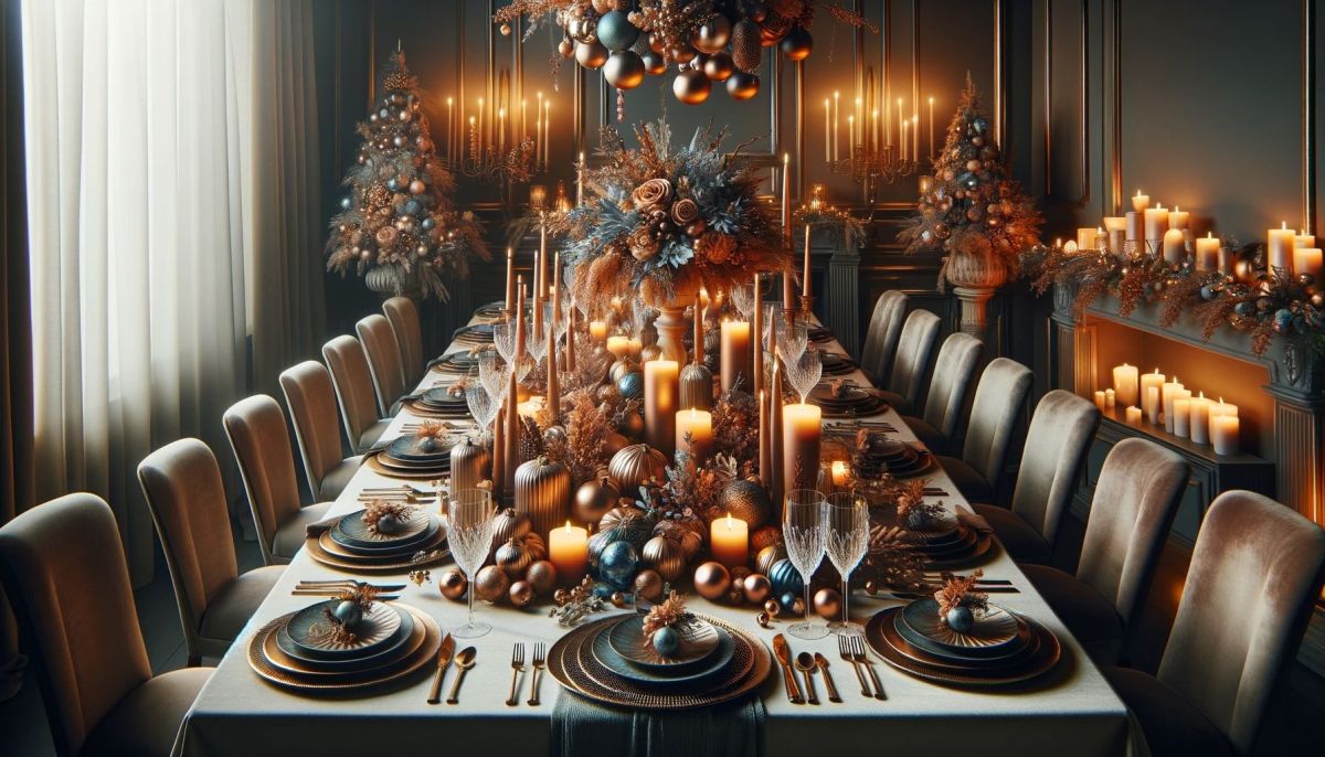 DALL%C2%B7E 2023 11 11 17.51.24 A Christmas table setting elegantly decorated in topazio color theme. The image shows a long dining table adorned with a topazio colored tablecloth c