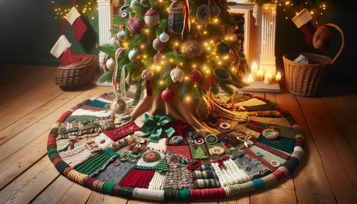 DALL%C2%B7E 2023 11 12 17.14.57 An eco friendly Christmas tree skirt made from recycled materials set in a cozy holiday scene. The tree skirt is creatively crafted from upcycled fab