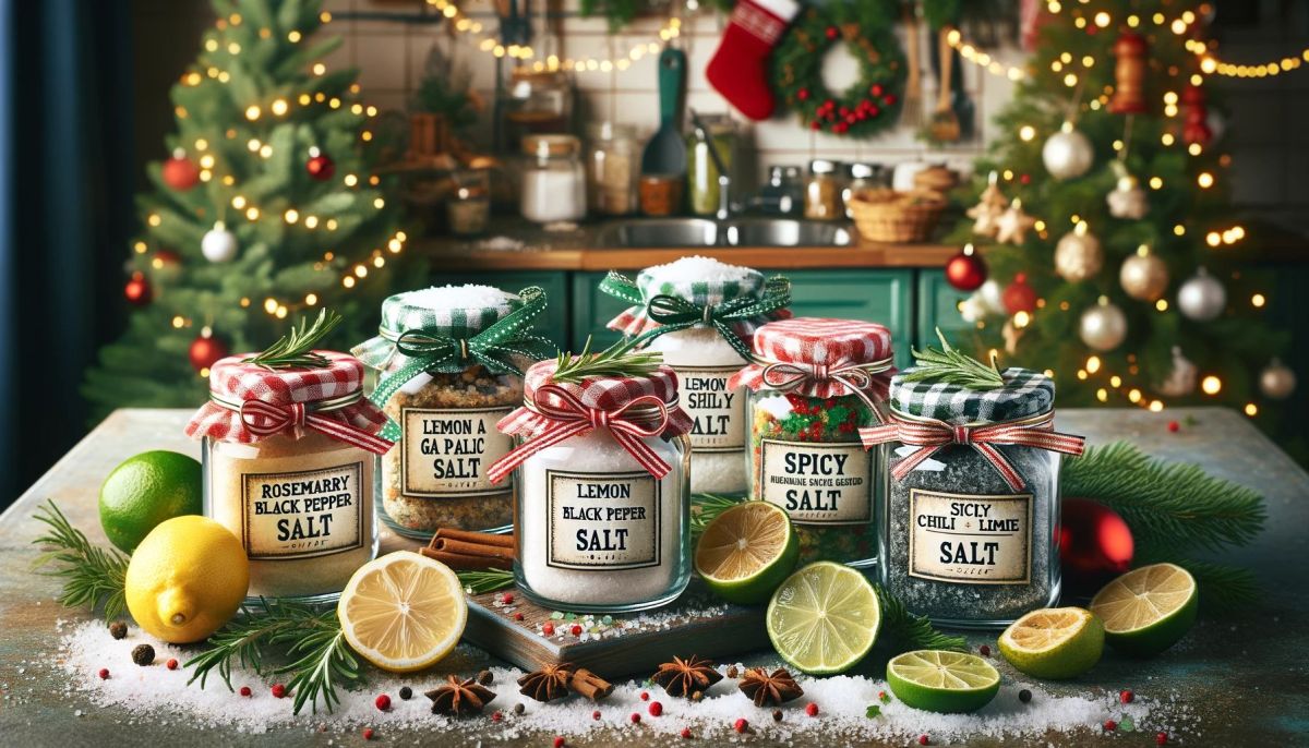 DALL%C2%B7E 2023 11 15 17.01.20 A festive Christmas kitchen scene showcasing homemade flavored salt gifts for Christmas. The image features a table with five different glass jars ea