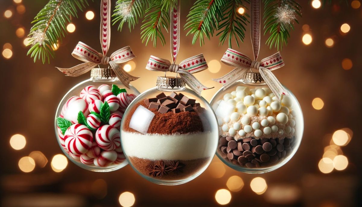 DALL%C2%B7E 2023 11 15 19.40.50 Three spherical clear glass Christmas ornaments hanging from a pine branch each filled with layers of hot cocoa mix ingredients. The first ornament c