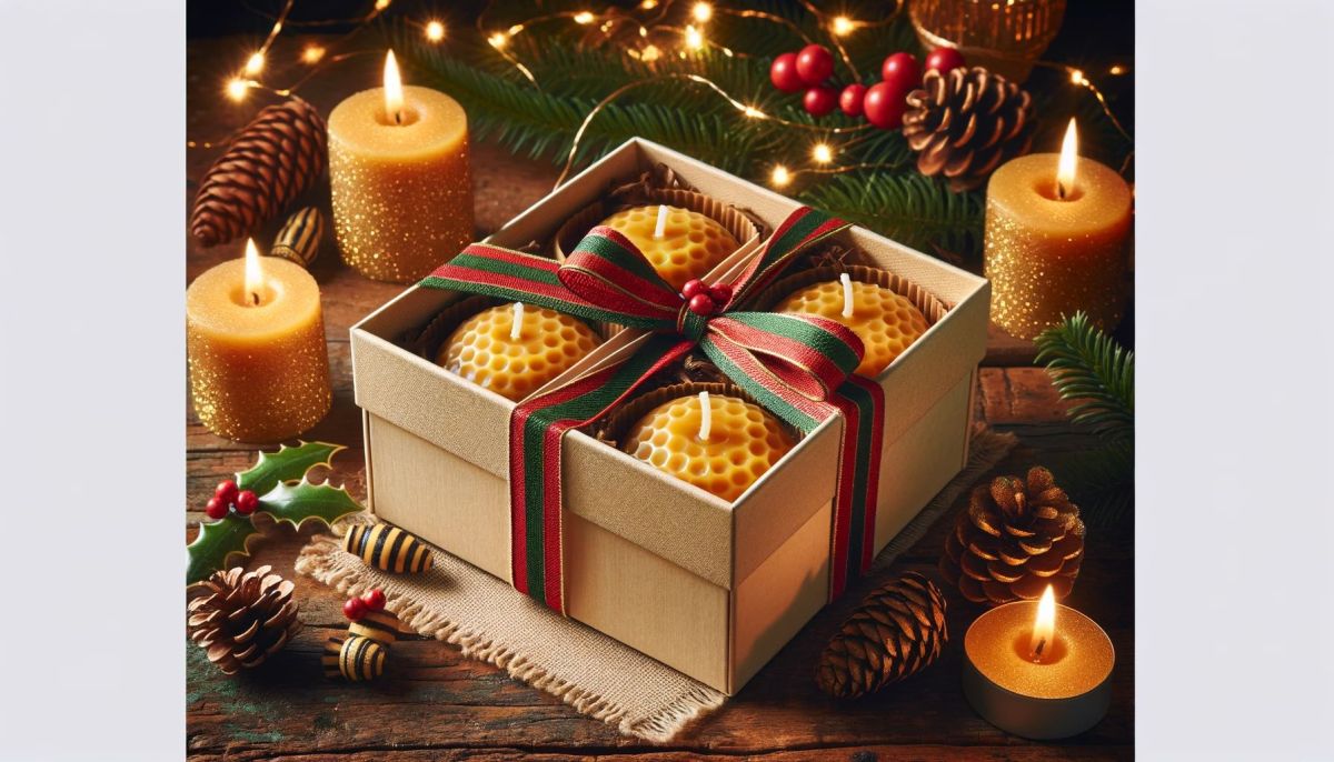 DALL%C2%B7E 2023 11 15 20.56.42 A festive and charming Christmas gift setting showcasing handmade beeswax candles. These candles are beautifully crafted with a natural golden hone
