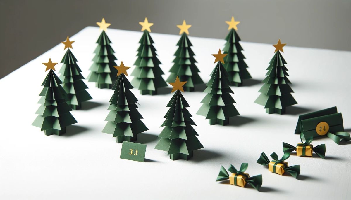DALL%C2%B7E 2023 11 16 14.35.38 A row of handcrafted Christmas tree place card holders displayed on a white surface. Each tree is made from green paper with a minimalist design feat