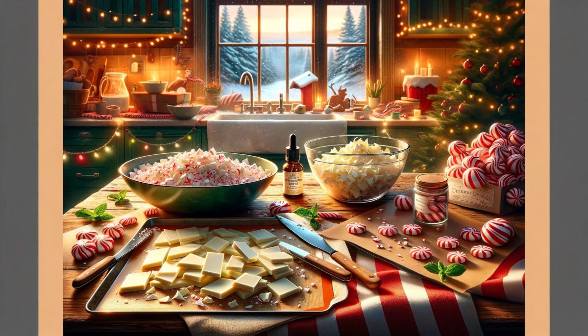 DALL%C2%B7E 2023 11 20 20.59.19 A festive kitchen scene depicting the process of making peppermint bark. The countertop is bustling with activity a bowl of chopped white chocolate