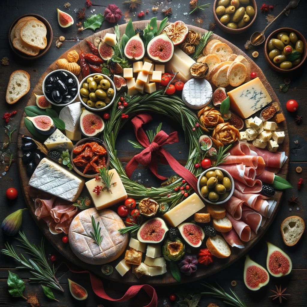 DALL%C2%B7E 2023 11 21 17.37.10 Create a sumptuous image of a Christmas snack board in the shape of a wreath featuring a variety of traditional Italian appetizers. The board is lade