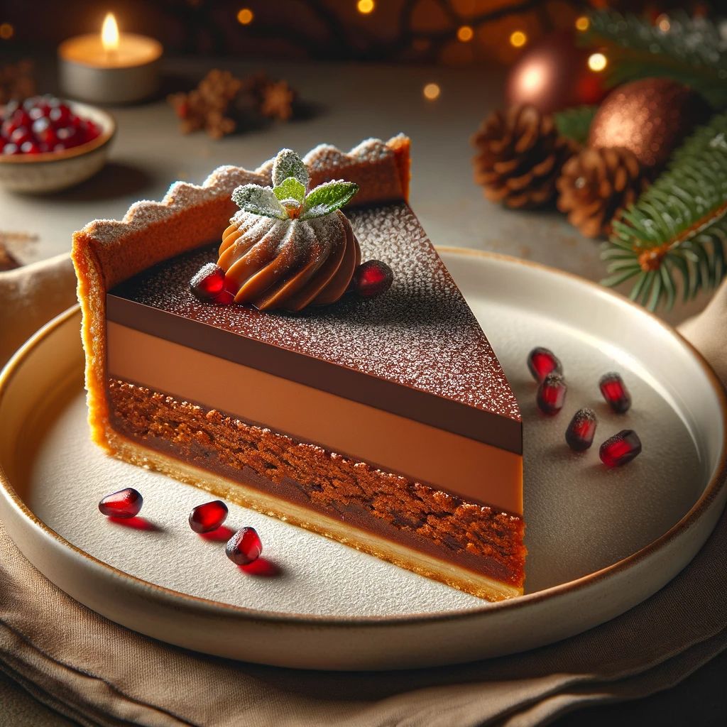 DALL%C2%B7E 2023 11 21 18.16.48 Create an image of a slice of gingerbread tart with ganache filling elegantly plated for a Christmas dessert. The slice is neatly cut showcasing lay