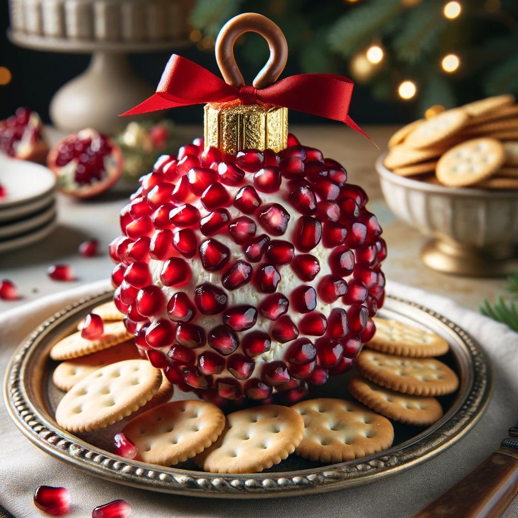 DALL%C2%B7E 2023 11 22 20.35.03 A festive cheese ball shaped like a Christmas ornament covered in bright red pomegranate arils. The cheese ball sits on a elegant serving platter su