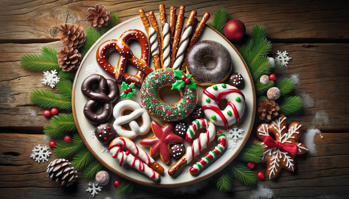 DALL%C2%B7E 2023 11 22 21.02.21 A selection of Christmas themed pretzel snacks on a festive plate without doughnuts. There are various shapes of pretzels including traditional twist