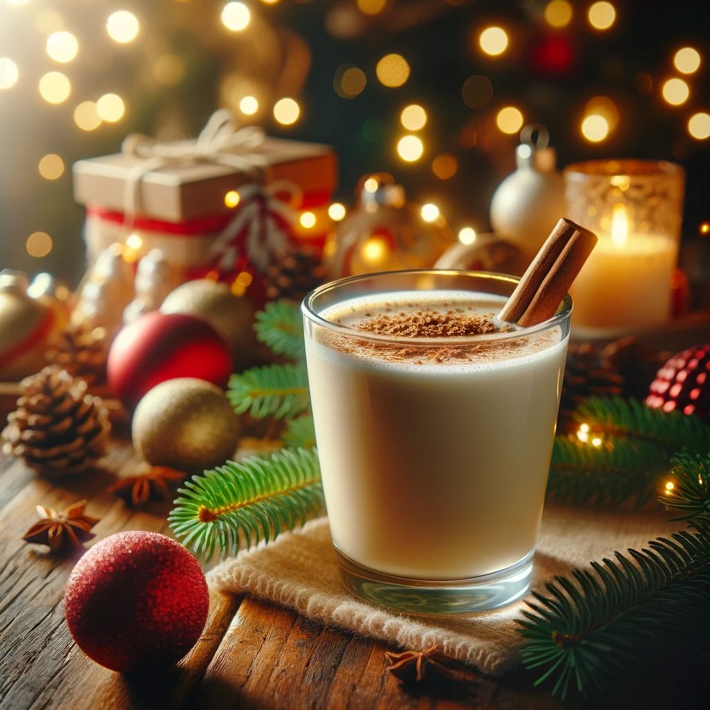 DALL%C2%B7E 2023 11 23 17.54.15 A cozy holiday scene with a glass of creamy eggnog on a wooden table surrounded by Christmas decorations. The eggnog is topped with a sprinkle of nut