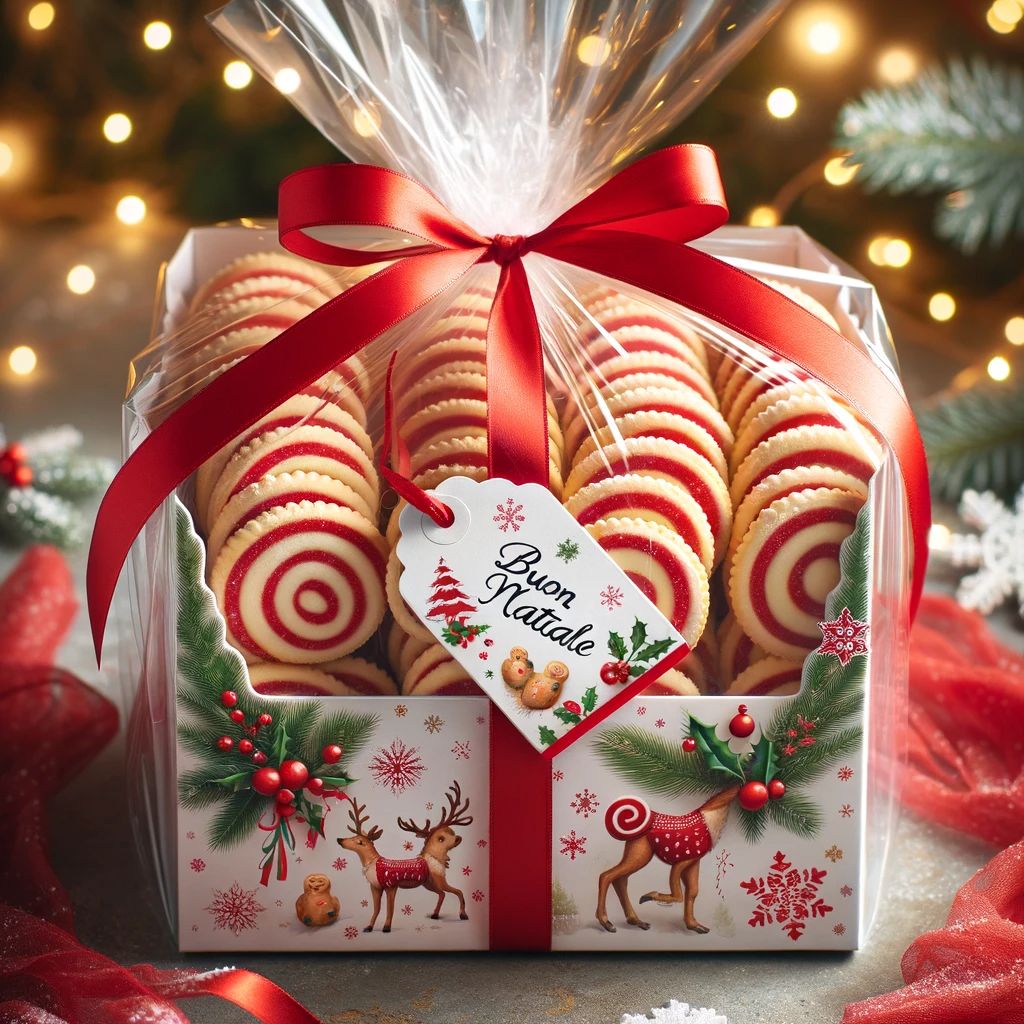 DALL%C2%B7E 2023 11 23 18.15.46 A festive holiday gift box filled with freshly baked flat spiral cookies with red and white stripes. The cookies are neatly stacked inside a transpare