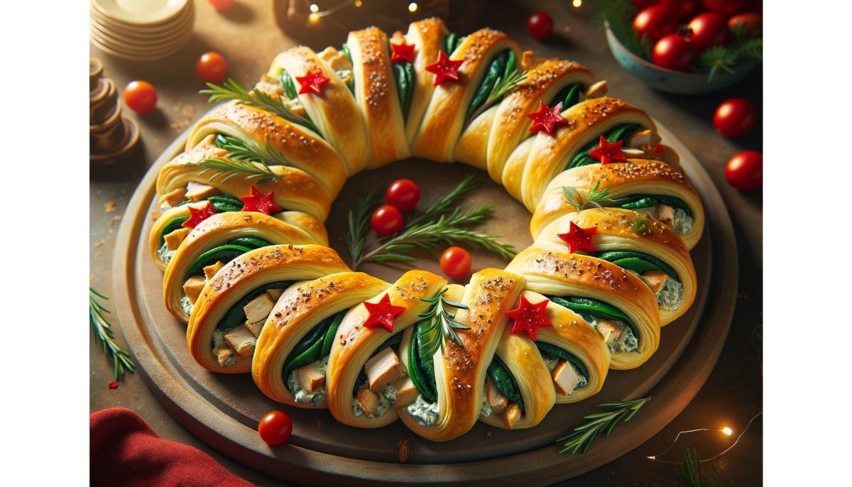 DALL%C2%B7E 2023 11 23 18.29.43 A festive and appetizing image of a pinwheel crescent wreath. The wreath is made from golden brown crescent roll dough filled with a mixture of shred
