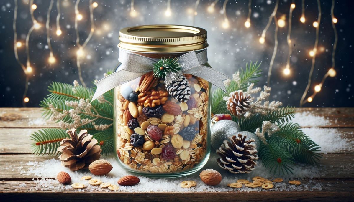 DALL%C2%B7E 2023 11 24 09.59.49 An elegant and festive homemade Christmas granola perfect for gifting presented in a sophisticated glass jar with a gold lid. The jar is filled with