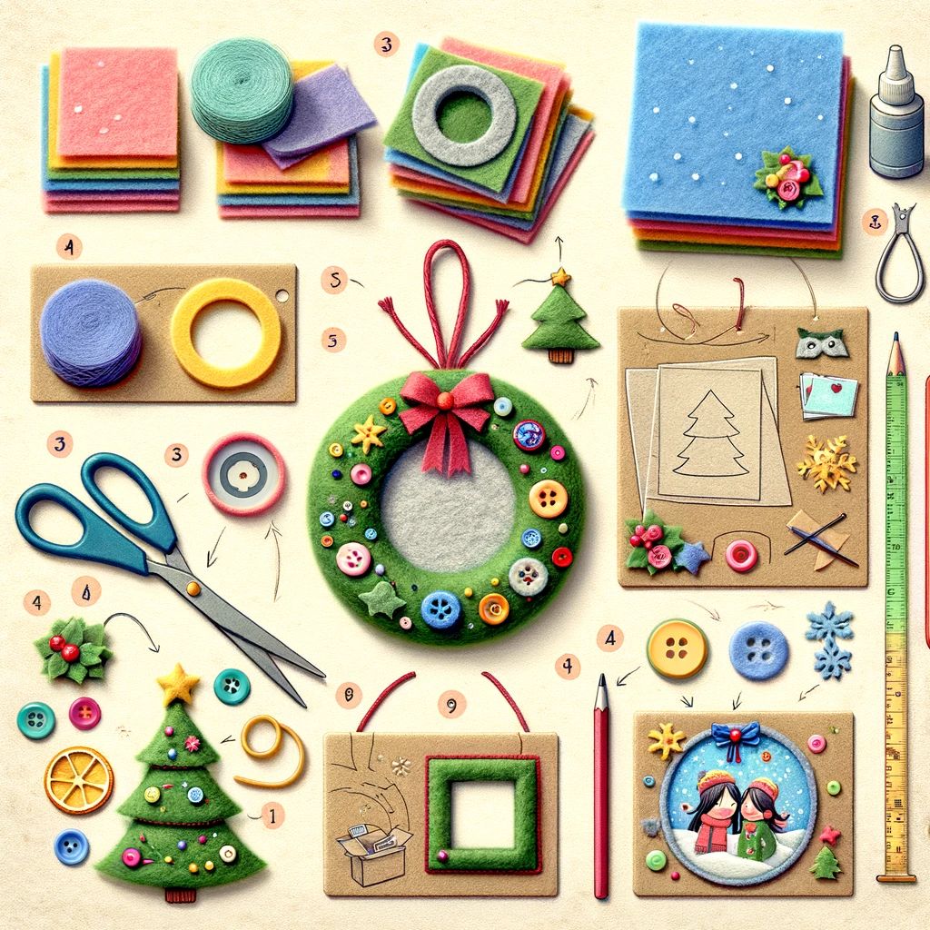 DALL%C2%B7E 2023 11 25 14.59.45 A step by step tutorial depiction for creating felt photo frames for a Christmas tree. The image includes various stages of the process colorful felt