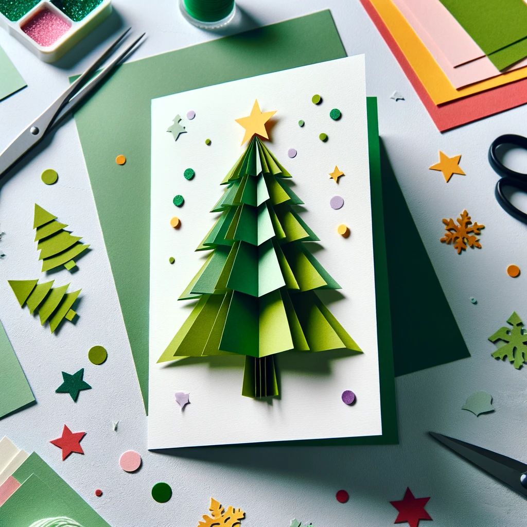 DALL%C2%B7E 2023 11 25 18.34.13 A simple handmade 3D Christmas Tree Card made from green and other colored papers. The card is open showing a two dimensional symmetrical Christmas
