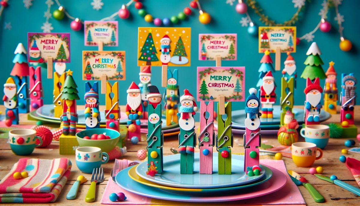 DALL%C2%B7E 2023 11 26 14.24.27 A lively and colorful childrens Christmas table setting featuring playful place card holders made from old wooden clothespins. These clothespins are