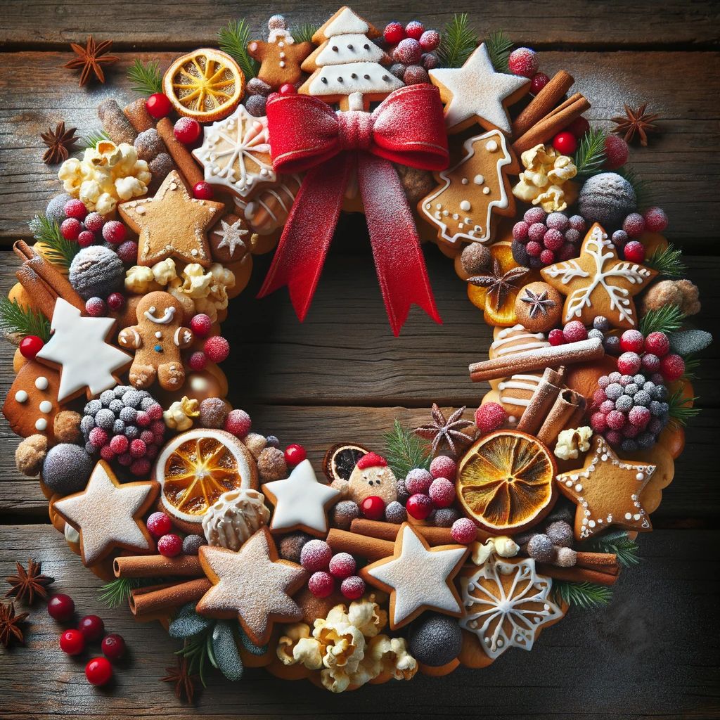 DALL%C2%B7E 2023 11 27 12.02.03 A festive and edible Christmas wreath made of a variety of delicious treats arranged to form a circle. The wreath includes elements such as gingerbrea