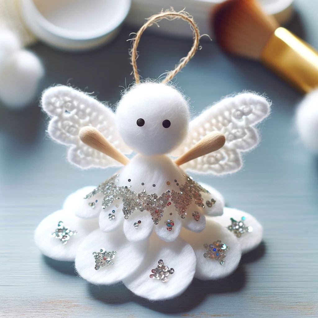 DALL%C2%B7E 2023 11 27 14.21.09 A delightful Christmas angel decoration crafted with added details for extra charm. The angel is made using flat makeup remover cotton pads. The wing