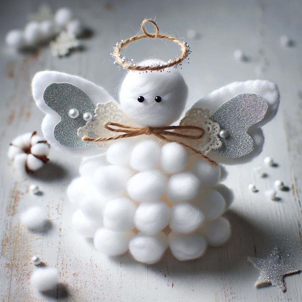DALL%C2%B7E 2023 11 27 14.27.26 A delightful Christmas angel decoration made with cotton pads and cotton balls. The angels wings are created by folding two flat makeup remover cotto