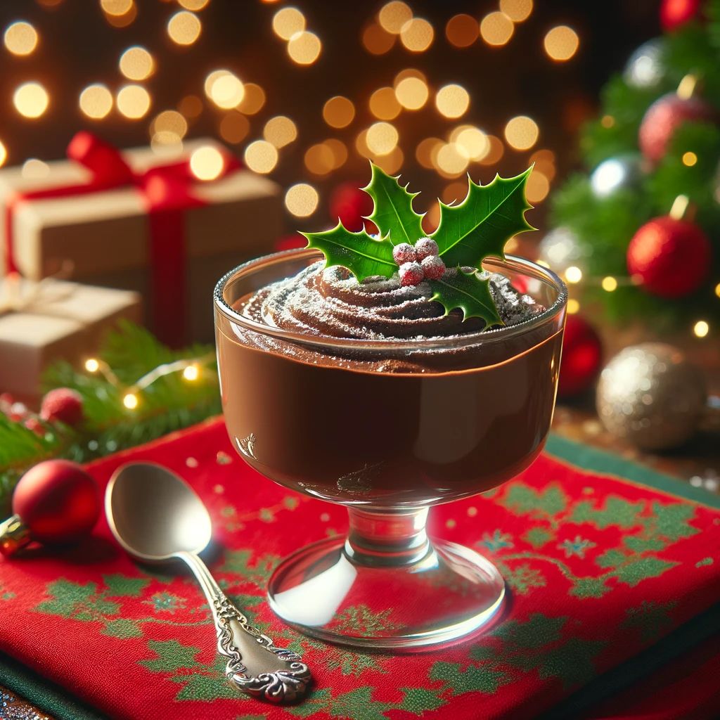 DALL%C2%B7E 2023 11 27 20.52.33 A festive Christmas setting featuring a bowl of dark chocolate mousse garnished with a sprinkle of powdered sugar and a sprig of holly. The mousse is