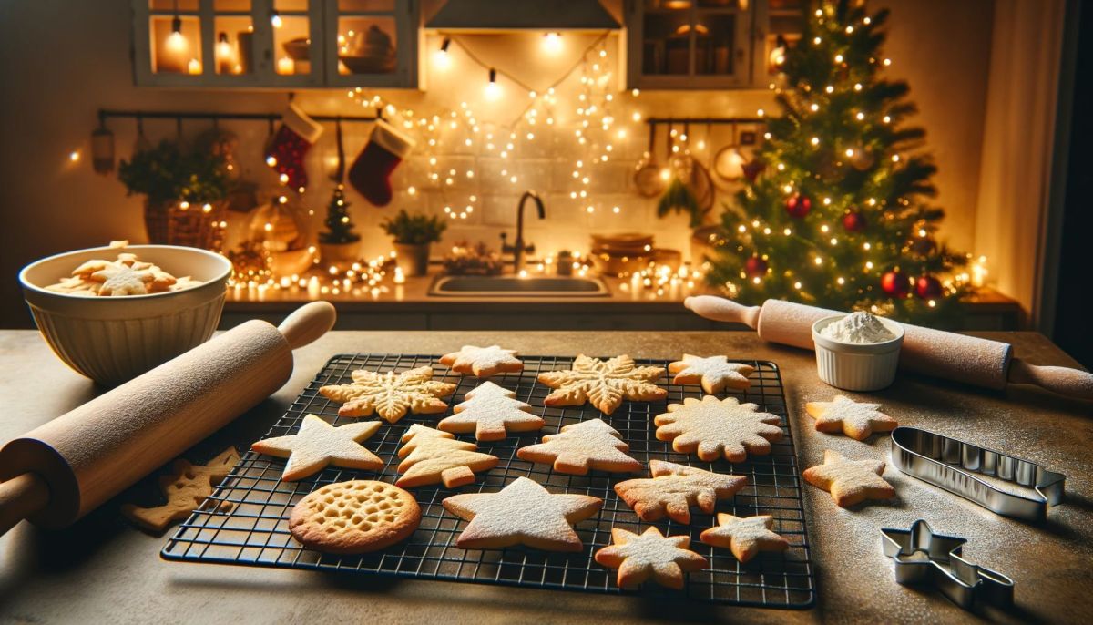 DALL%C2%B7E 2023 11 27 21.11.14 A cozy Christmas kitchen scene with freshly baked low sugar Christmas cookies on a cooling rack. The cookies are in festive shapes like stars trees
