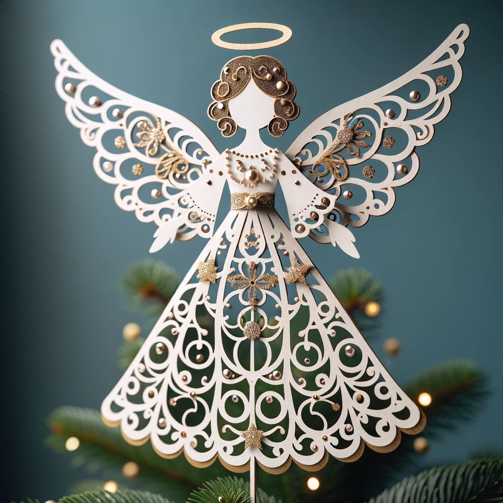 DALL%C2%B7E 2023 11 28 09.46.20 A handmade paper angel tree topper crafted from thick cardstock. The angel is intricately designed with its silhouette cut out and adorned with spar
