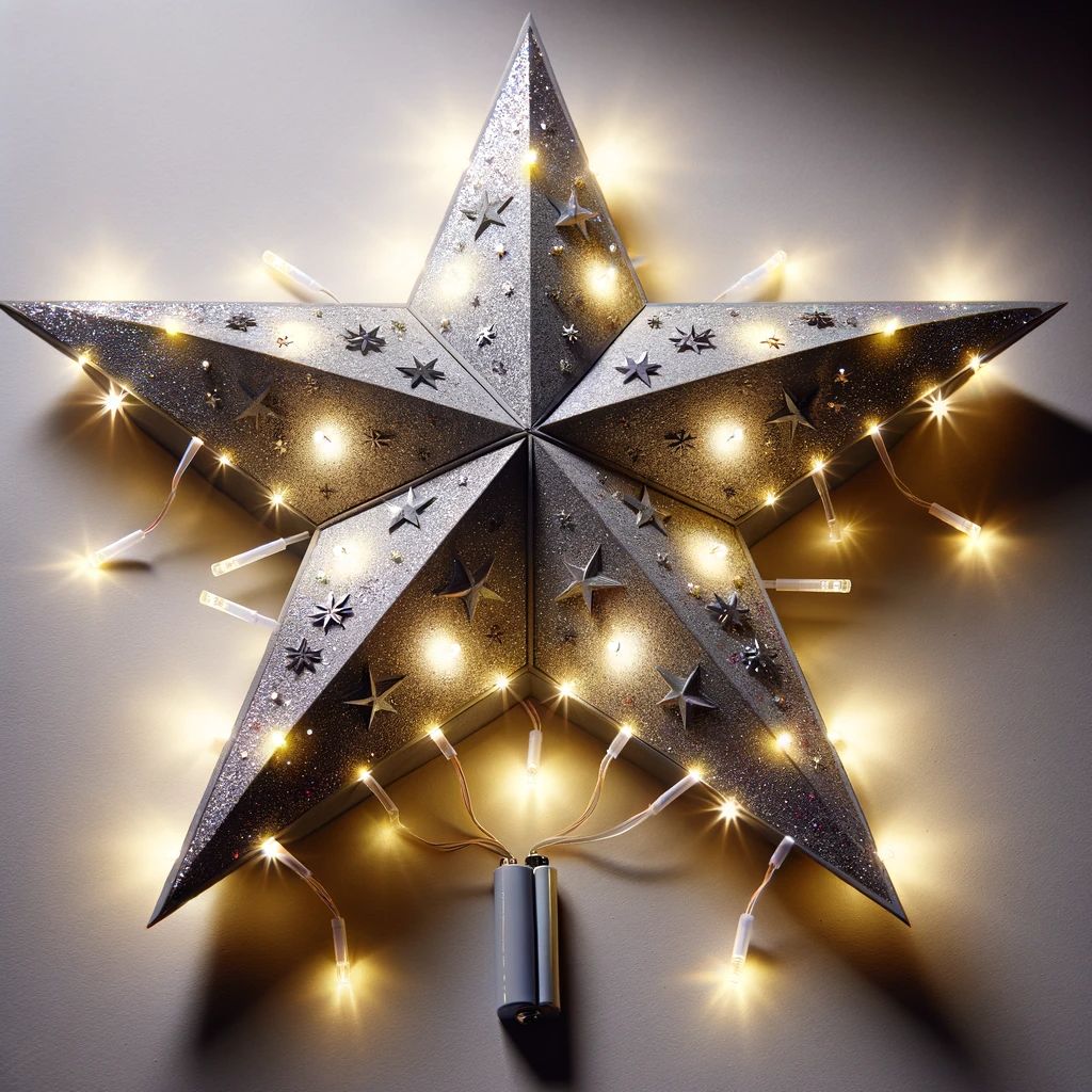 DALL%C2%B7E 2023 11 28 09.48.14 A handmade luminous star tree topper made from durable cardstock or transparent plastic sheet. The topper consists of two identical stars one or both