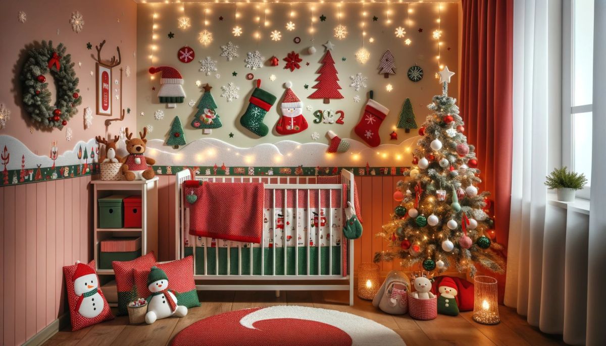 DALL%C2%B7E 2023 11 28 19.30.13 A cozy and festive baby nursery room decorated for Christmas. The room features soft red and green colors with an artificial miniature Christmas tree