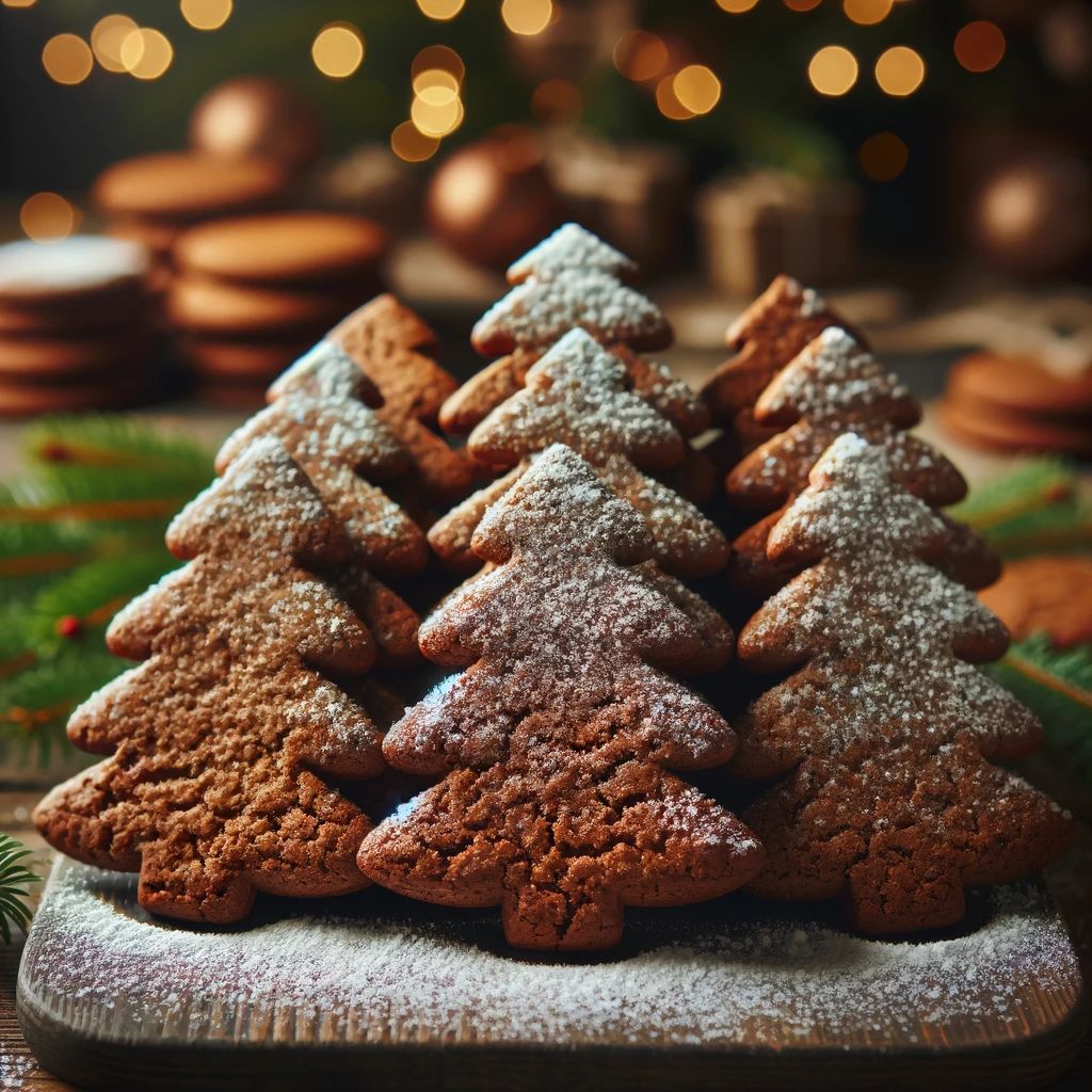 DALL%C2%B7E 2023 11 30 14.11.57 A festive scene of homemade molasses cookies in the shape of Christmas trees arranged on a wooden table. The cookies are thick and well defined with