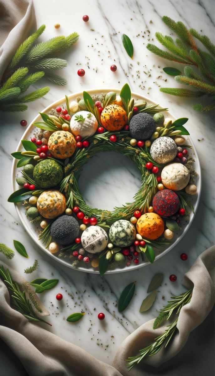 DALL%C2%B7E 2023 11 30 14.28.43 An elegant Christmas wreath made of cheese balls of various flavors and colors arranged on a white plate against a marble background. Each cheese bal