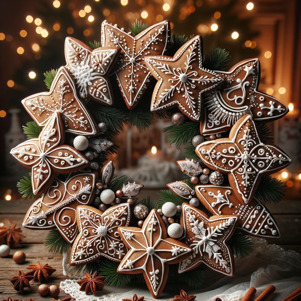 DALL%C2%B7E 2023 12 04 20.54.17 A festive Christmas centerpiece featuring a crown or garland made entirely of star shaped gingerbread cookies. These cookies are intricately decorated