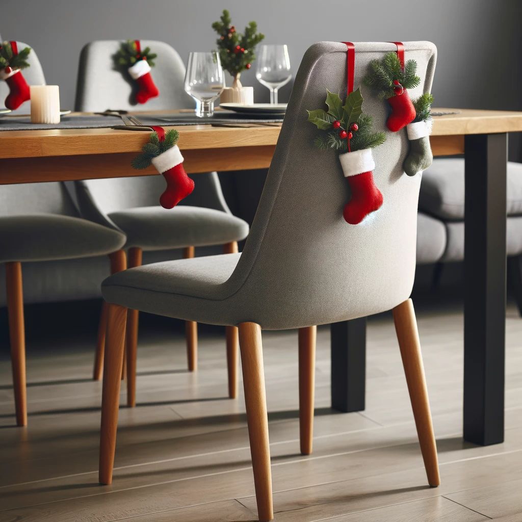 DALL%C2%B7E 2023 12 11 21.11.19 A modern dining chair at a Christmas table decorated with small personalized Christmas stockings hanging from the back of the chair. These stockings