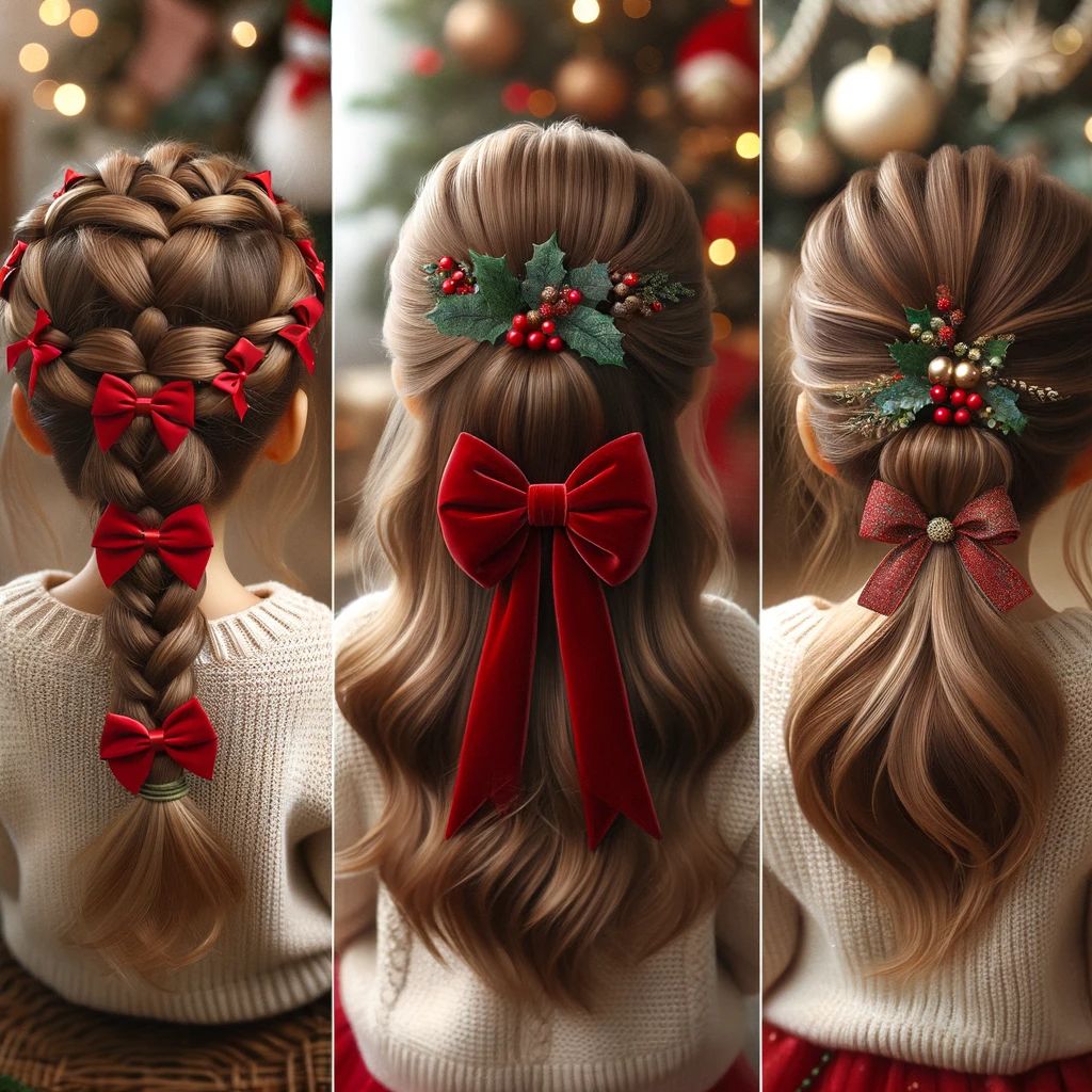 DALL%C2%B7E 2023 12 11 21.23.31 A charming and festive scene showing three different Christmas hairstyles for little girls each adorned with bows. The first hairstyle is a crown bra
