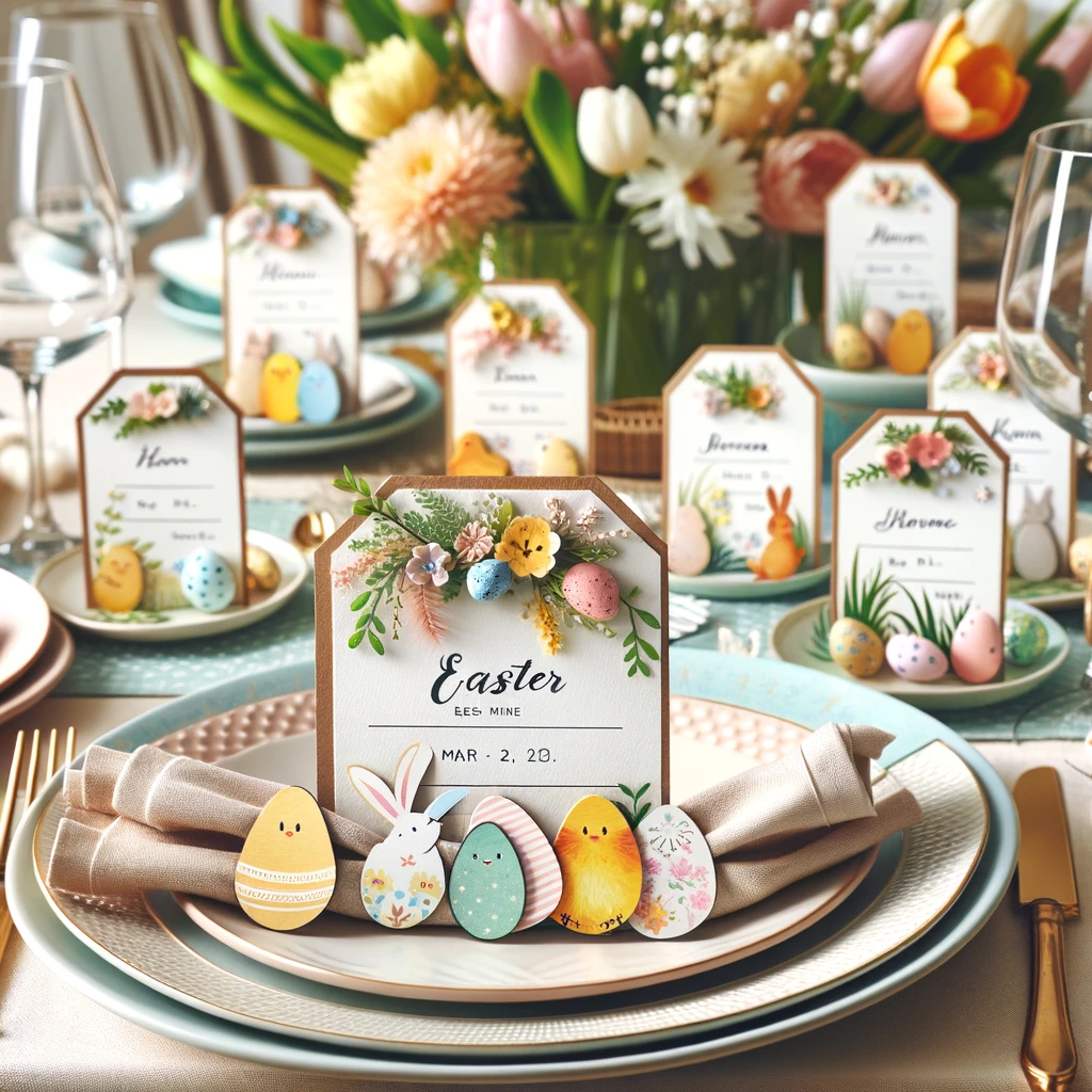 DALL%C2%B7E 2024 03 04 18.05.41 Design a picturesque Easter table setting featuring DIY thematic cards as placeholders. Each card is crafted from colorful cardstock adorned with sta