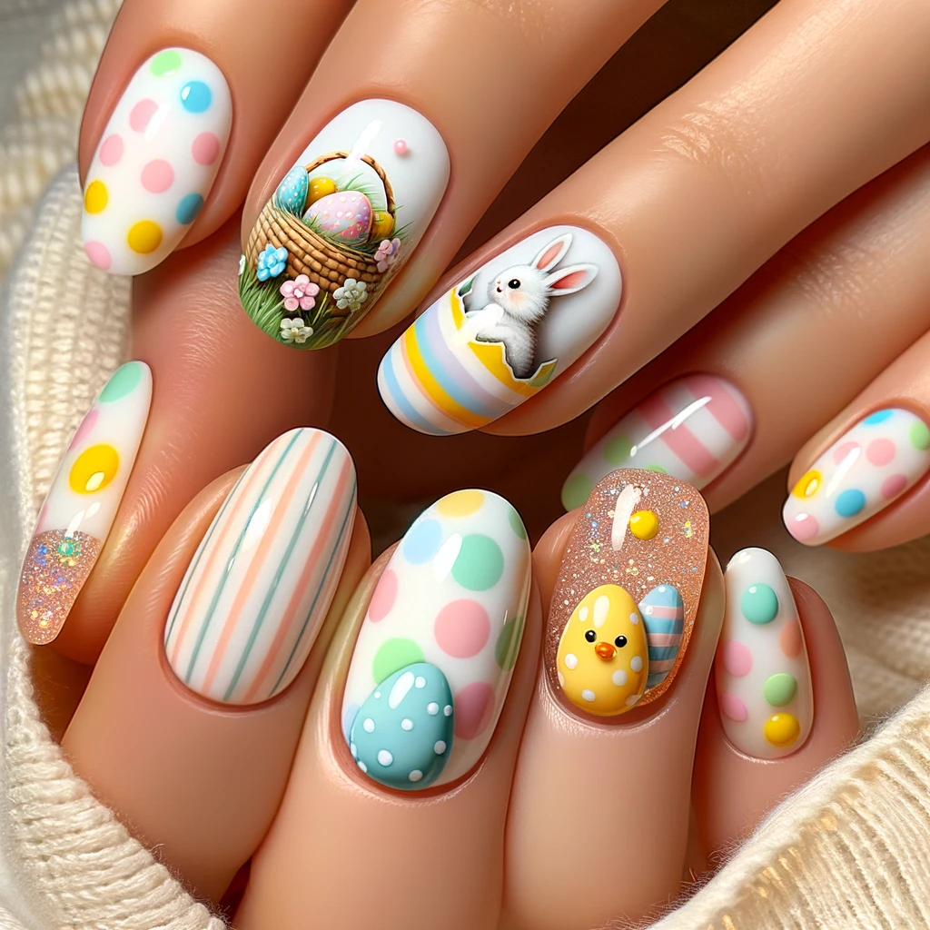 DALL%C2%B7E 2024 03 14 11.27.26 Visualize an innovative and playful Easter themed nail art design suitable for Spring 2024. This time the nails are short and sport a modern rounded
