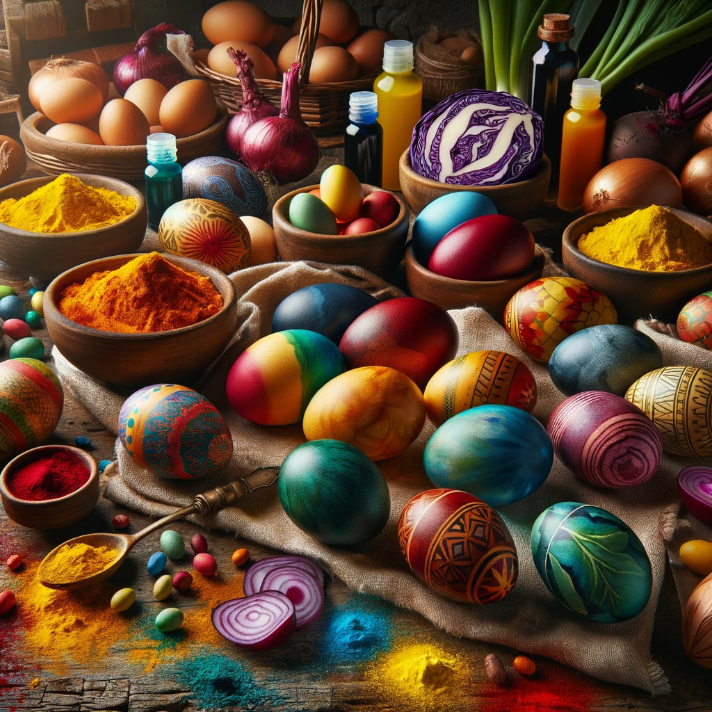 DALL%C2%B7E 2024 03 15 17.21.55 A vibrant and festive Easter setting featuring several eggs each uniquely colored with natural substances and patterns. Among the eggs some exhibit